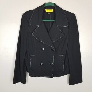St. John, black double breasted blazer, white stitching, size 8